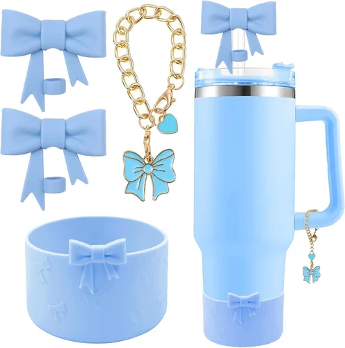 Miniatura 16 de Conjunto de accesorios para taza Hpebl para Stanley, incluye 2 tapas de pajita con moño lindo de 10 mm, tapones reutilizables para pajita, 1 funda