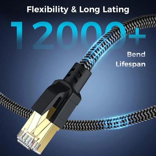 Miniatura 6 de Cable Ethernet Cat 8 de 30 pies, cable de red trenzado de alta velocidad con conector RJ45 chapado en oro de 40 Gbps 2000 Mhz, cable LAN resistente