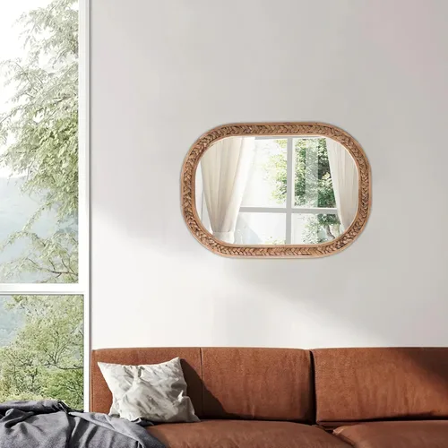 Miniatura 3 de Espejos rústicos ovalados de ratán para pared de 16 x 24 pulgadas, espejos colgantes con marco de madera para dormitorio, espejo costero único hecho