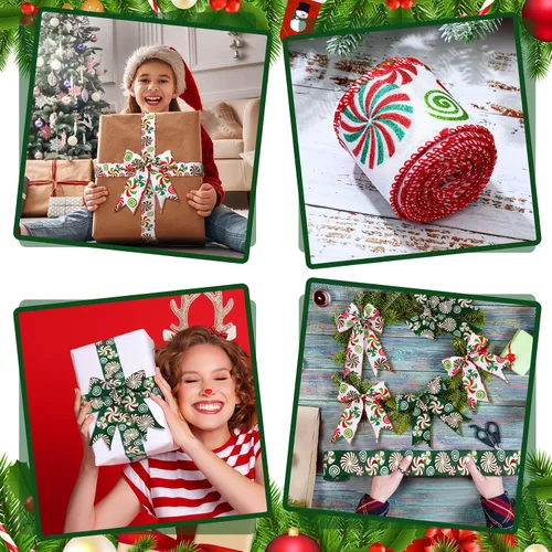 Miniatura 6 de Yinder 2 rollos de cinta de Navidad de 20 yardas, cinta roja y verde con purpurina de 2.5 pulgadas, cinta decorativa para coronas, caja de regalo