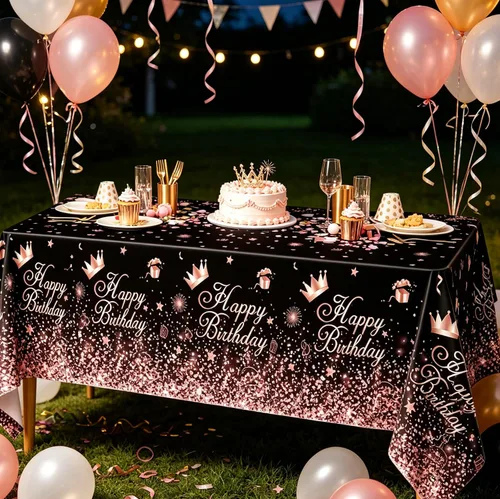Miniatura 5 de Mantel de plástico color oro rosa negro (paquete de 4), 86 x 51 pulgadas, manteles para fiesta de cumpleaños y fiesta de boda de niñas y mujeres