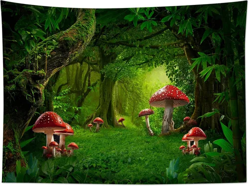 Miniatura 13 de HVEST Tapiz retro rojo de hongos para colgar en la pared, diseño floral rosa con fresa y mariposa en beige, tapiz para dormitorio, flores, plantas