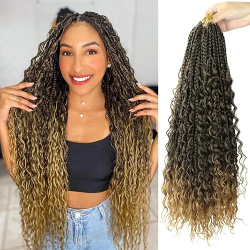 Miniatura 63 de Goddess Box Braids - Trenzas de cabello a ganchillo con extremos rizados, trenzas de caja bohemianas de 16 pulgadas, trenzas de ganchillo, 8 1B-4-30
