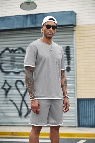 Miniatura 21 de COOFANDY Conjunto de camisa y pantalones cortos de gofre para hombre, conjunto de 2 piezas, conjunto casual de verano con bolsillos