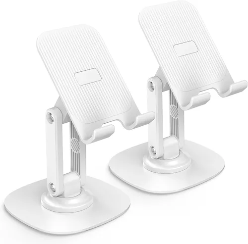 Miniatura 10 de Soporte para teléfono celular OMOTON para escritorio, paquete de 2 unidades, soporte ajustable y plegable para teléfono, soporte móvil giratorio