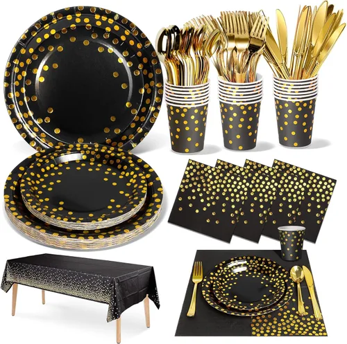 Nkaiso 141 piezas de suministros para fiestas en negro y dorado, juegos de decoración desechables para fiestas que incluyen platos de papel,