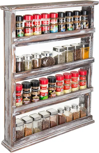 MyGift Estante de especias de madera para montar en pared, estante de condimentos colgante de 4 niveles, organizador de despensa estilo vintage