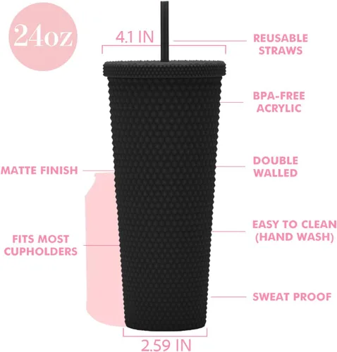 Miniatura 2 de Vaso Tachonado DIY de 24oz. Vaso Tachonado Negro Mate con Tapa y Pajita. Vaso de Viaje Reutilizable con Aislamiento de Doble Pared. Vaso de Plástico