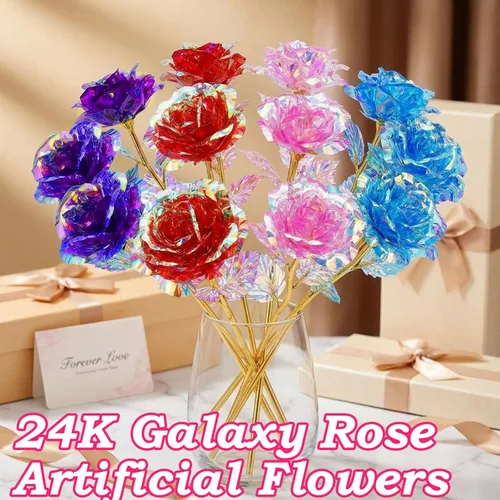 Miniatura 4 de Wowagoga 12 flores artificiales de rosa galaxia de 24 quilates, 4 colores de rosas para siempre, regalos para mujeres, niñas, mamá, esposa, hijas