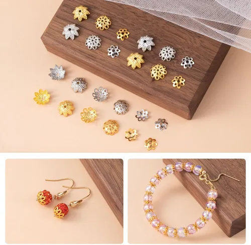 Miniatura 5 de HINZIC 600 cuentas de flores huecas de 0.315 y 0.394 pulgadas, 6 estilos de cuentas de filigrana para hacer joyas, cuentas espaciadoras doradas