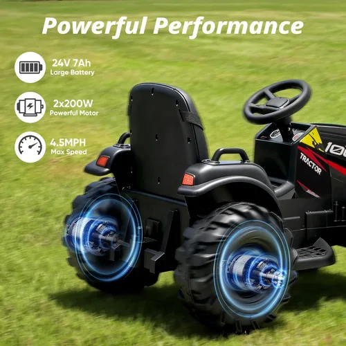 Miniatura 3 de Hikiddo Juguete tractor de paseo para niños de 24 V, tractor eléctrico para niños de 3 a 8 años con remolque, motores de 2 x 200 W, color negro