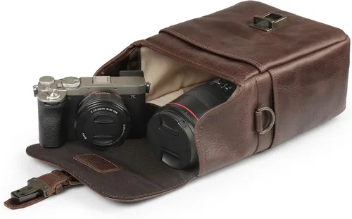 Miniatura 9 de Bolso bandolera para cámara de piel auténtica MegaGear, para cámaras mirrorless, dispositivo electrónico portátil Marrón