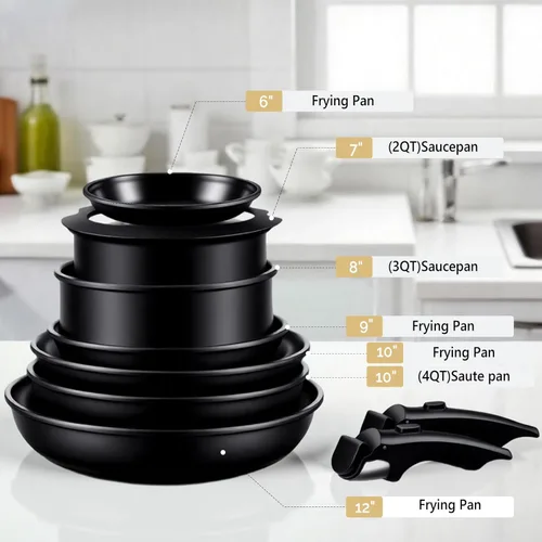 Miniatura 7 de Bonnlo Juego de 23 utensilios de cocina antiadherentes, juego de ollas y sartenes de aluminio fundido con asas extraíbles y desmontables, juego