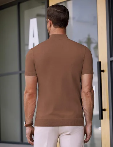Miniatura 7 de COOFANDY Suéter de cuello alto falso para hombre, de manga corta, color sólido, básico, ajustado, de punto