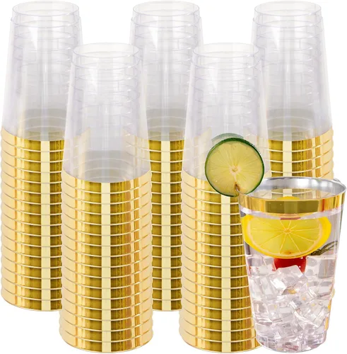 Miniatura 13 de I00000 Paquete de 100 vasos de plástico dorados de 14 onzas, vasos desechables de plástico con purpurina dorada, copas de vino desechables, copas