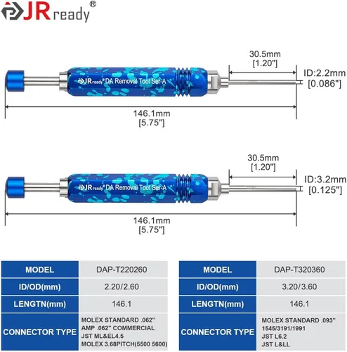 Miniatura 6 de JRready ST5265 Herramienta de extracción de pines Molex para conectores de pines y enchufes Molex de.062" y.093”, 2 piezas de varillas expulsadoras