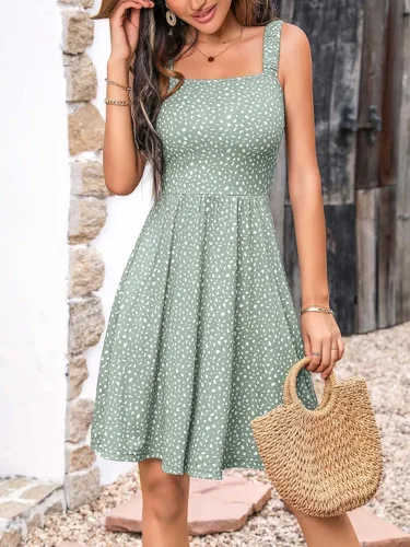 Miniatura 3 de HUHOT - Vestido casual de verano para mujer, con cuello cuadrado y bolsillo, bonito vestido por debajo de la rodilla, sin mangas, con cintura alta
