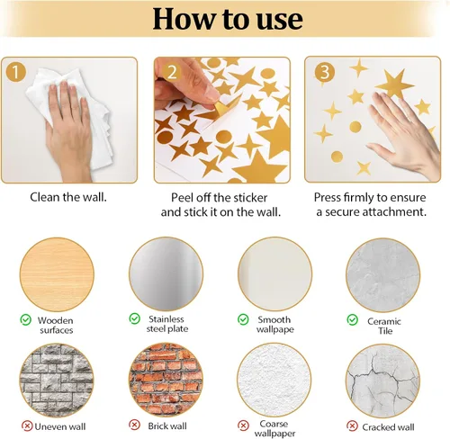 Miniatura 9 de Calcomanías de pared vintage con estrellas doradas, 5 hojas, 210 unidades, calcomanías con estrellas y puntos, calcomanías de arte de pared