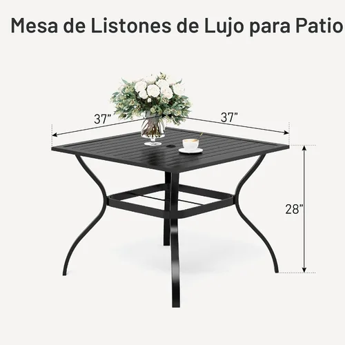 Miniatura 2 de PHI VILLA Mesa de comedor para exteriores de 37 pulgadas, con listones de acero metálico, mesa de comedor cuadrada para patio con agujero para Negro