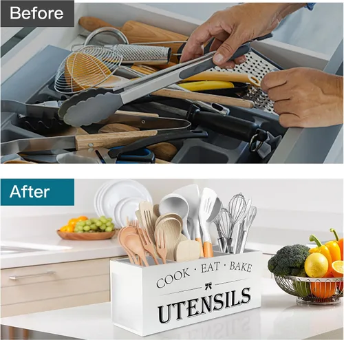 Miniatura 3 de Suli Soporte extra grande para utensilios de cocina con 4 compartimentos, organizador de utensilios de madera para encimera, decoración de cocina