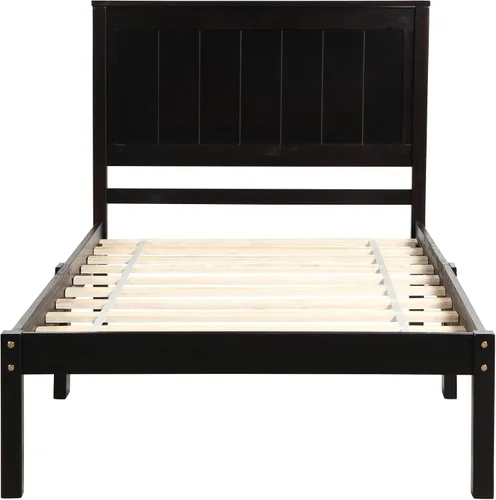 Miniatura 6 de P PURLOVE Marco de cama individual, cama de plataforma de madera maciza con cabecero, no necesita somier, espresso