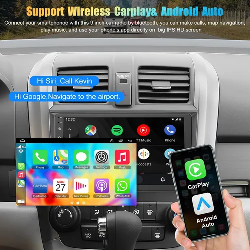 Miniatura 3 de Radio de coche 4G+64G Android 12 para Honda CRV 2007-2011, unidad principal estéreo de 9 pulgadas con WiFi/5G, CarPlay inalámbrico+Android Auto