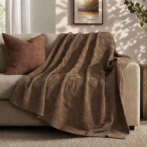 EVERGRACEHOME Manta moderna de felpilla a cuadros, suave y acogedora para sofá, manta de punto decorativa para cama y sala de estar, color marrón