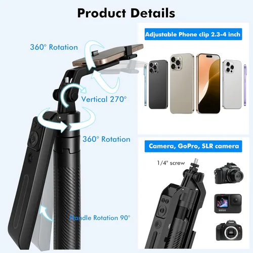 Miniatura 5 de Trípode para selfie stick de seguimiento automático con luz de llenado, rotación de 360 grados y control de gestos, trípode para selfie stick