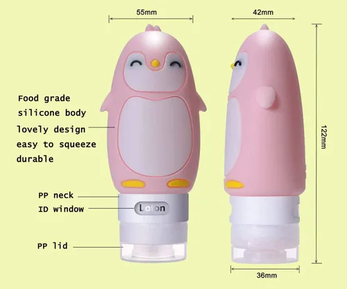 Miniatura 4 de Kit de botellas de viaje con diseño de pingüino lindo tamaño de viaje, 4 colores diferentes con un diseño de pingüino, Paquete de 4, Moderno