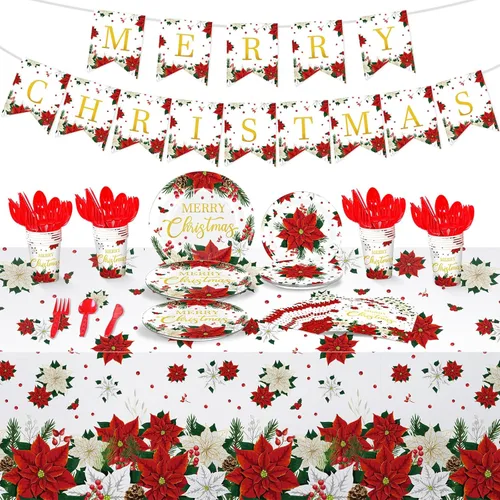 Layhit Juego de vajilla desechable de Navidad de 172 piezas, platos de flores de Pascua de Navidad, mantel, tazas, vajilla de Feliz Navidad para