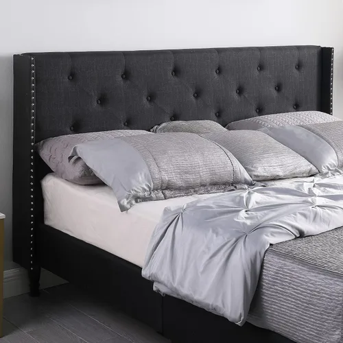 Miniatura 4 de Base de cama de plataforma tapizada Queen con cabecera de 45 pulgadas y base ajustable, cama de lino con botones copetudos, soporte de listones