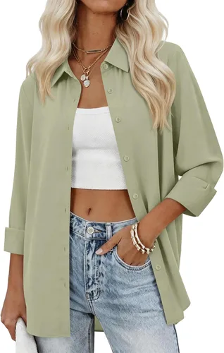 Miniatura 9 de siliteelon Camisas con botones para mujer, camisas de vestir sólidas, de manga larga, cuello fluido, para trabajo, oficina, negocios, blusas de gasa