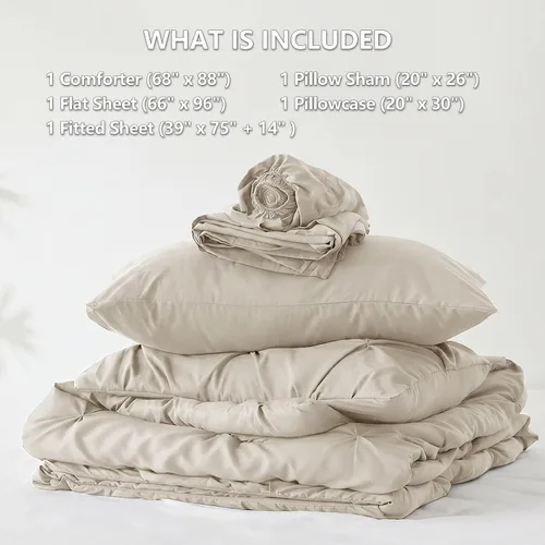 Miniatura 5 de CozyLux - Juego de edredón tamaño individual con sábanas Beige, 5 piezas, ropa de cama en una bolsa con pinzas, juego de cama tamaño individual