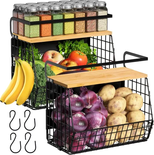 Juego de 2 estantes magnéticos para refrigerador con tapa de madera, contenedores de almacenamiento de papas y cebollas, organizadores y Negro