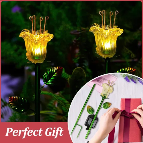 Miniatura 7 de VChymm Paquete de 2 flores decorativas solares, luces de lirio de vidrio amarillo impermeables, encendido/apagado automático para jardín, patio