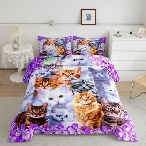 Miniatura 28 de Feelyou Juego de edredón para niños, diseño de gatos de dibujos animados, tamaño twin, lindo juego de ropa de cama de gatitos para adolescentes