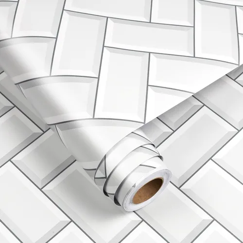 Miniatura 6 de FunStick Papel tapiz blanco para cocina, despegar y pegar, impermeable, papel de pared en muro de espiga para cocina, baño, azulejos, papel tapiz
