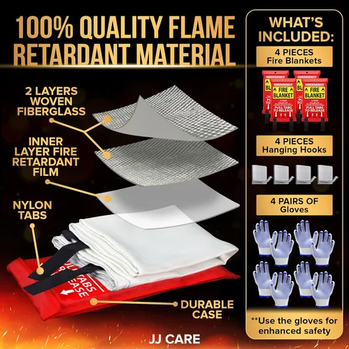 Miniatura 2 de JJ CARE Manta contra incendios, 4 paquetes con ganchos y guantes, 40 x 40 pulgadas, mantas de emergencia para el hogar y la cocina, alta resistencia