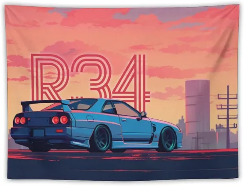 Miniatura 20 de QEOPGNE Tapiz grande para colgar en la pared, diseño de puente de puerta dorada, grandes olas, japonés, retro, Jdm, auto, R34, tapiz para 2
