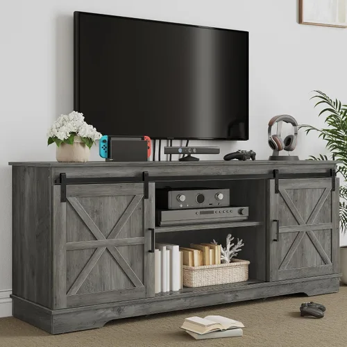 Miniatura 9 de YITAHOME Soporte de TV de granja para sala de estar con soporte, centro de entretenimiento con 3 ajustes de altura para televisores de 32 a 70 Gris