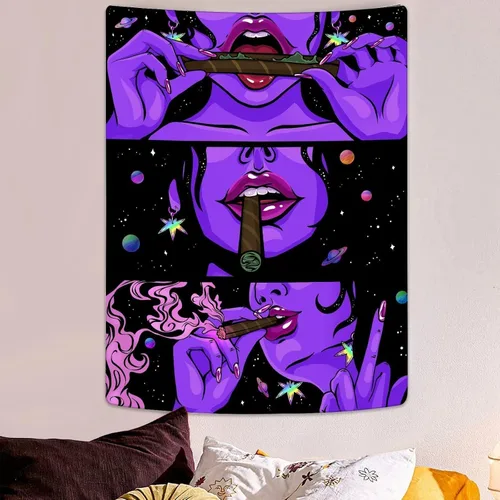 Miniatura 2 de Yeoiat Tapiz de flores cósmicas, tapiz de hongo, paisaje en pared, noche estrellada, arte botánico visionario, decoración para recámara