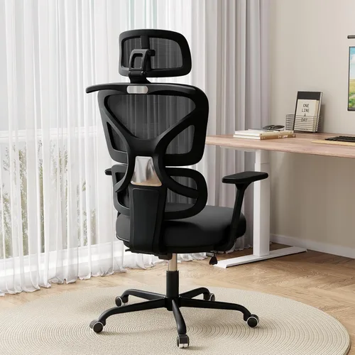 Miniatura 10 de Silla de oficina ergonómica de malla con soporte lumbar y reposacabezas, silla de computadora con respaldo alto con reposabrazos y bloqueo de Beige