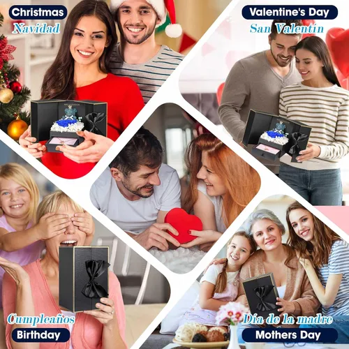 Miniatura 5 de AddWel Regalos de rosas para mujer, rosas azules reales preservadas con collar I Love You en 100 idiomas y lindo oso de musgo para novia, esposa
