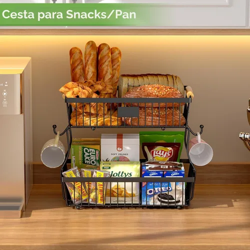 Miniatura 3 de Cesta de frutas de 2 niveles para encimera de cocina con 2 ganchos para plátanos, cesta de pan de metal para encimera con mango de madera, soporte
