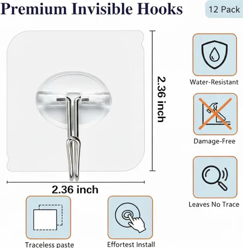 Miniatura 5 de Ganchos de pared adhesivos resistentes, acero inoxidable transparente, paquete de 12 – carga máxima de 24 libras, ganchos reutilizables impermeables
