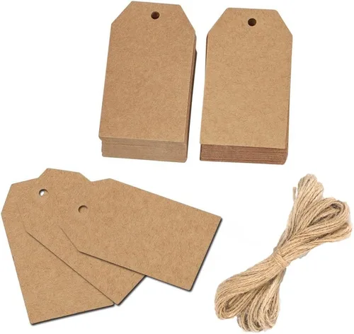 100 etiquetas de regalo de Navidad con cuerda de papel de estraza vintage, etiquetas colgantes de boda de 2.8 x 1.6 in con cordel de yute natural