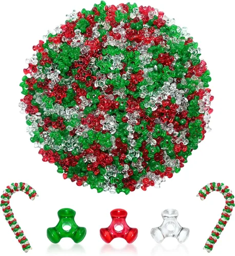 Miniatura 7 de Amaney - 1000 cuentas de tres cuentas de Navidad con cuentas de bastón de caramelo, verde, rojo y blanco, cuentas para adornos navideños