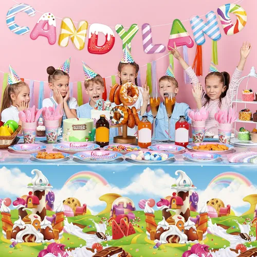 Miniatura 6 de Tiamon 171 piezas de decoraciones de fiesta de donas de Candyland para 24 invitados, decoraciones de fiesta temática de caramelos, incluye platos