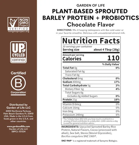 Miniatura 5 de Garden of Life Proteína de cebada germinada a base de plantas, chocolate con 0.74 oz de proteína, 0.00 oz de azúcar e ingredientes limpios, cebada
