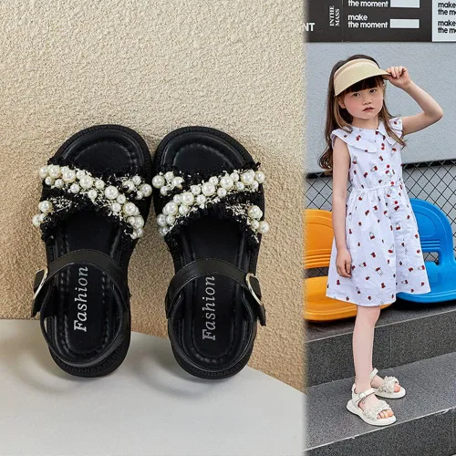 Miniatura 2 de BININBOX Sandalias planas de verano para niñas pequeñas y grandes, con purpurina y puntera abierta, antideslizantes, suela de goma suave, zapatos